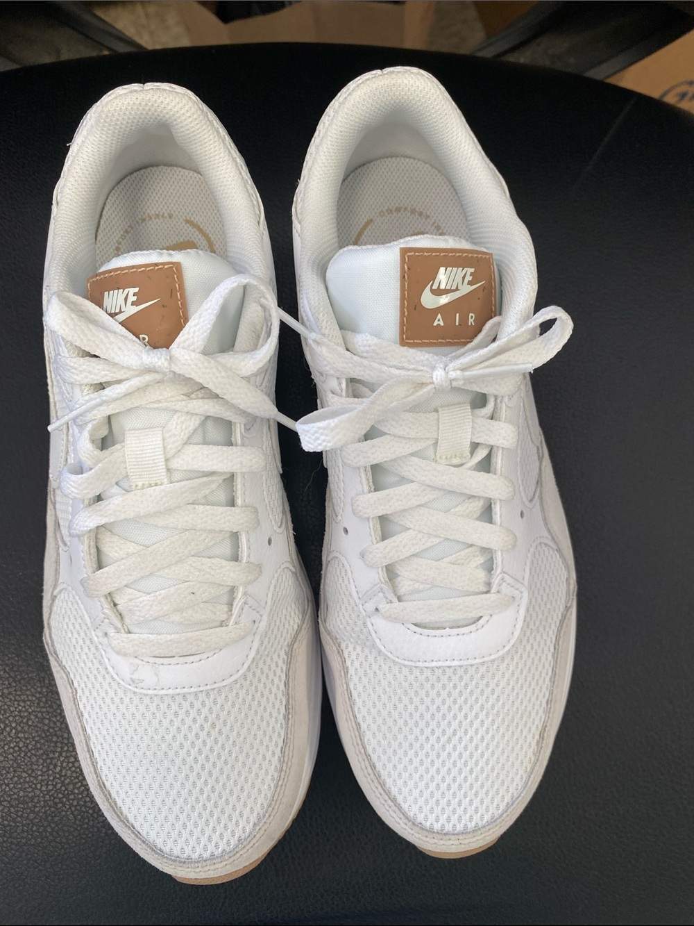Nike White Air Sneakers with Tan Leather Tongue Patch